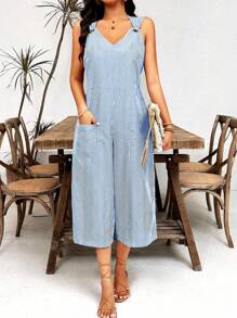 Breezaya Striped Casual Summer Loose Jumpsuit With Double Pockets - Blue - View 1
