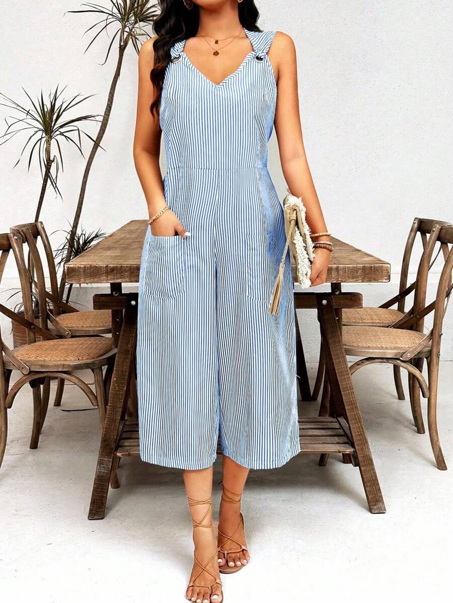 Breezaya Striped Casual Summer Loose Jumpsuit With Double Pockets - Blue - View 1