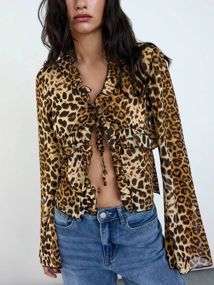 SHEIN Maija 2025 Lato Nowość Elegancki Mod Weselny Gość, Brunch, Lotnisko, Boho Wakacje, Festiwal Muzyczny, Wielkanoc, Ukończenie Szkoły, Codzienny Swobodny Seksowny Wzór Panterki, Wiązany, Bluzka Damska z Falbanką