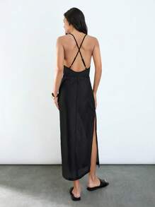 Maija 2025 Summer New Arrival Camisole Dress With Metal Chain Design,Black And Gold,Seksi Chic,Club Night,Wedding Guest Outfit,Bohemian Holiday,Graduation - Black - View 4