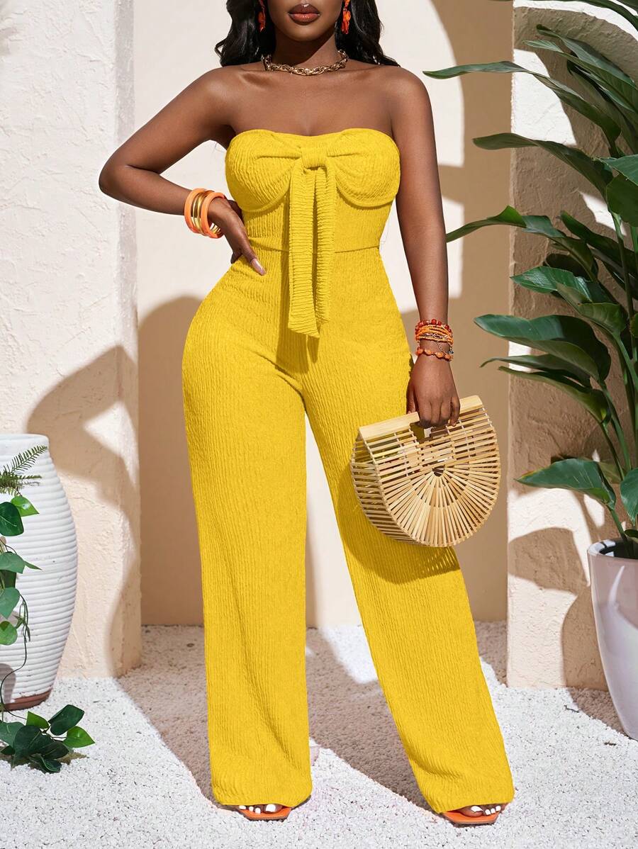 Slaydiva 新款春夏休闲度假性感优雅抹胸蝴蝶结直筒阔腿超长裤橙色罗纹针织女连体裤 - 黃色 - 查看 1