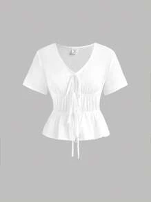 Girlism Teen Girls' White Tie Front Short Sleeve Shirt, Cutout Design, Retro Pirate Style, Hippie Clothing, Top, Suitable For Spring/Summer, Vacation Vibe Bowknot Blouse