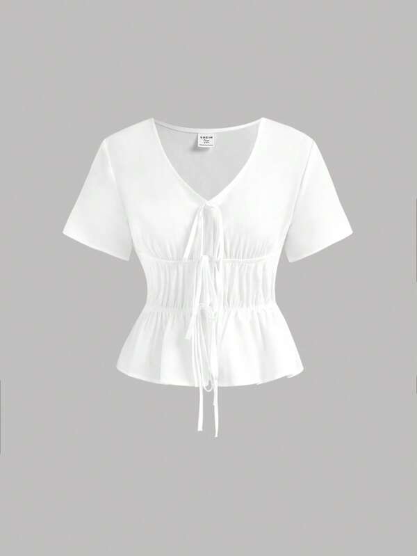 Girlism Chemise blanche à manches courtes avec nœud papillon pour adolescentes, design ajouré, style rétro pirate, vêtements hippie, haut, convient pour le printemps/été, chemisier à nœud papillon avec une ambiance de vacances