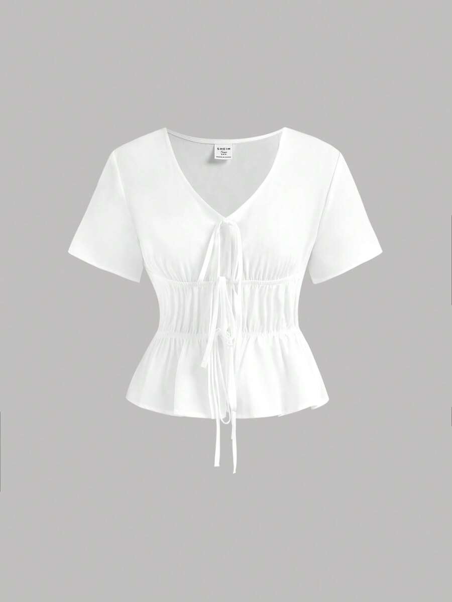 Girlism Teen Girls' White Tie Front Short Sleeve Shirt, Cutout Design, Retro Pirate Style, Hippie Clothing, Top, Suitable For Spring/Summer, Vacation Vibe Bowknot Blouse