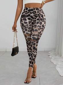 SHEIN Clasi Fashionable Leopard Print Distressed Leggings - Multicolor - View 4