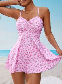 Swim Lushoire Women's Summer Vacation Ditsy Floral Ruched Tankini Set - Pink - View 4