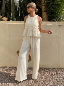 Livesso 2Pcs/Set Women's Summer Vacation Casual Solid Color Ruffled Hem Top And Pants Set - Apricot - View 8
