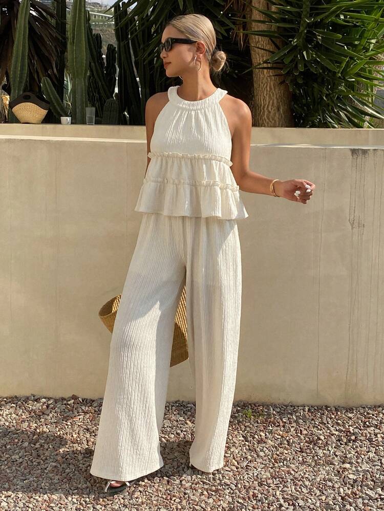 2Pcs/Set Women's Summer Vacation Casual Solid Color Ruffled Hem Top And Pants Set