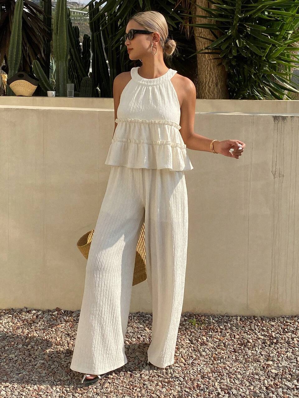 2Pcs/Set Women's Summer Vacation Casual Solid Color Ruffled Hem Top And Pants Set Lounge Sets For Women