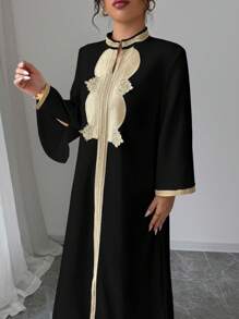 Elenzga 女士优雅 V 领刺绣蕾丝拼布开衩连衣裙 - 黑色 - 查看 5