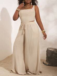 Veslaya Completo estivo 2 pezzi composto da top con laccetti a forma di lisca di pesce e pantaloni a gamba ampia con tasche, in tessuto strutturato, per donna con taglie forti