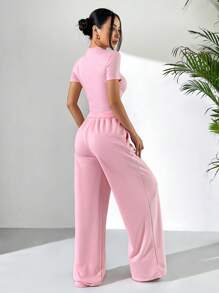 SHEIN EZwear 2 件套夏季灰色紧身短袖 T 恤和宽松运动裤休闲装 - 粉色 - 查看 2