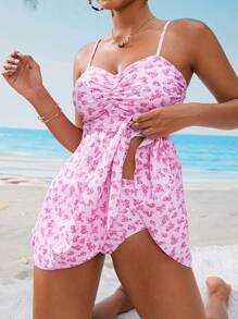 Swim Lushoire Women's Summer Vacation Ditsy Floral Ruched Tankini Set - Pink - View 1