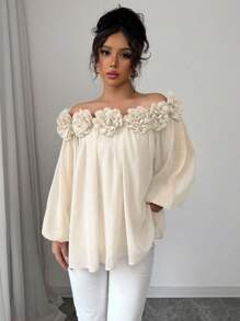 Airlisse Blusa elegante da donna a spalle scoperte in chiffon, tessuto in chiffon liscio e opaco con dettaglio floreale 3D, versatile per uso quotidiano, appuntamenti e feste, maniche lunghe
