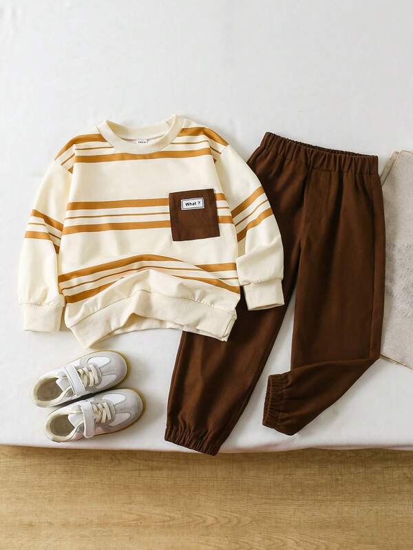SHEIN Genkimix Kids Zestaw 2 szt.: Bluza z kapturem w paski dla chłopców i spodnie dresowe, jesień/wiosna, zestaw garniturów dla chłopców dla chłopców, zestawy do dopasowania dla chłopców, 2 szt. spodni dla chłopców, zestawy strojów dla chłopców