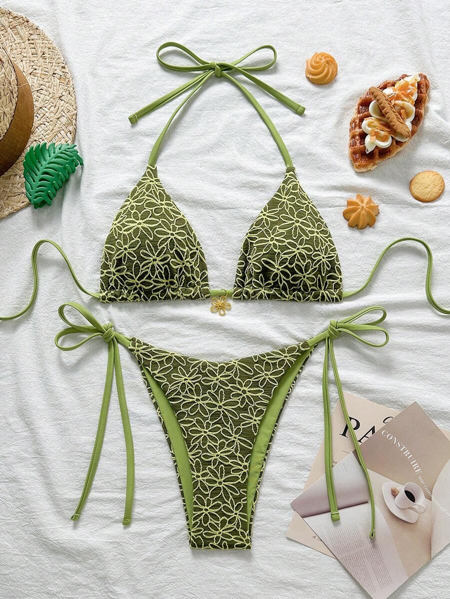 Swim Vcay 2 件 Springbreak 花卉纹理吊带侧系带比基尼泳衣，夏季海滩度假泳装套装