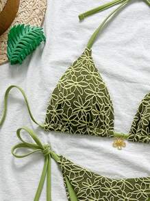 Swim Vcay 2 件 Springbreak 花卉纹理吊带侧系带比基尼泳衣，夏季海滩度假泳装套装