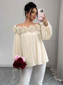Airlisse Blusa elegante da donna a spalle scoperte in chiffon, tessuto in chiffon liscio e opaco con dettaglio floreale 3D, versatile per uso quotidiano, appuntamenti e feste, maniche lunghe