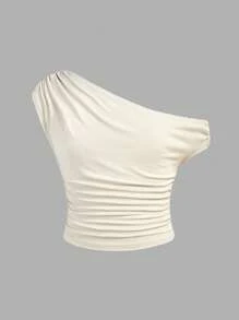 SHEIN Camiseta de crop top ajustada, sin mangas, con hombro asimétrico oblicuo y pliegues laterales para niñas preadolescentes