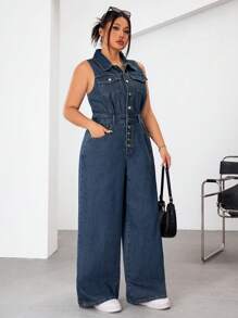 SHEIN EZwear Macacão Denim Lavado Casual Plus Size de Perna Larga e Sem Mangas - Azul - Visão 5