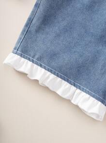 Young Girls 2pcs/Set Summer Floral Print Ruffle Hem Vest And Ruffle Trim Denim Shorts, Suitable For Beach Vacation