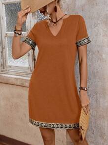 SHEIN LUNE Women's Summer Patchwork Ribbon Cutout Neck Short Sleeve Dress - Camel - View 6