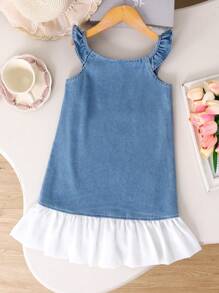 Young Girl' Casual A-Line Splice Ruffle Trim Denim Dress, Summer - Blue - View 2