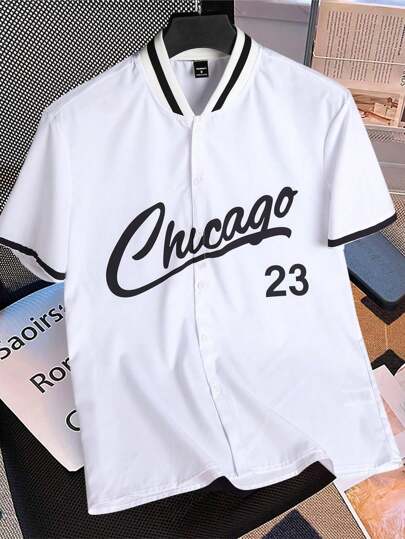 Aesthetic Post 男士休闲字母印花短袖衬衫夏季男芝加哥衬衫棒球衫棒球衫男男士棒球衫