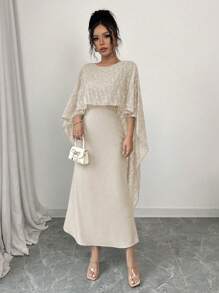 Elenzga Elegant Sequin Textured Cape Decor Dress - Apricot - View 5