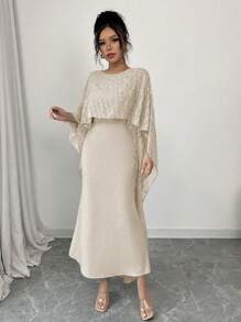 Elenzga Elegant Sequin Textured Cape Decor Dress - Apricot - View 6