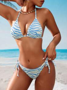 SHEIN Women's Vacation Beach Zebra Print Swimsuit Set - Blue and White - View 4