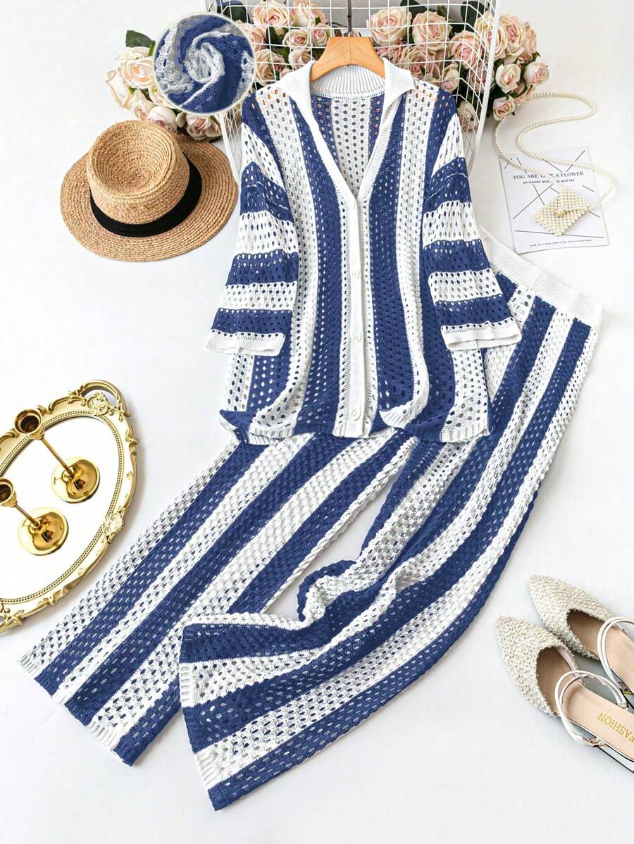 SHEIN LUNE Plus Size Striped Print Hollow Out Top And Pants Casual Knitted Sweatsuit