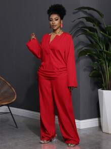 Slaydiva Plus Size Women Casual Solid Notch Neck Long Sleeve Top And Pants 2 Pieces Set Fall - Red - View 5