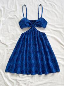 Soleia Navy Blue Woven Embroidered Cutout Strap Cinched Waist A-Line Mini Dress, Vacation Wear For Women