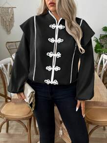SHEIN LUNE Plus Size Women's Elegant Mixed Color Button Lantern Sleeve Neo-Traditional Blouse - Black and White - View 6