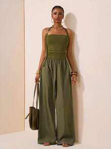 Zivah 2025 Spring And Summer New Casual Vacation Halter Tube Top Side Gathered Workwear Long Jumpsuit, Suitable For Daily Outings, Sailing And Sunny Vacations, Parties, Music Festivals, Old Money Style, Olive Green-B