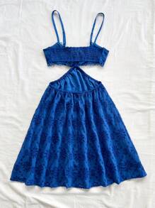 Soleia Navy Blue Woven Embroidered Cutout Strap Cinched Waist A-Line Mini Dress, Vacation Wear For Women