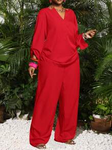 Slaydiva Plus Size Women Casual Solid Notch Neck Long Sleeve Top And Pants 2 Pieces Set Fall - Red - View 8