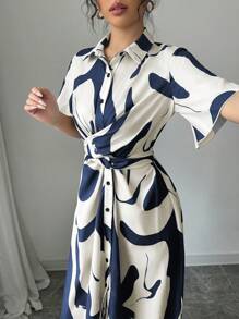 Elenzga Women All-Over Print Button Front Short Sleeve Midi Dress, Elegant - Blue - View 4