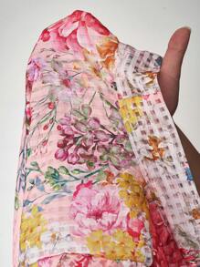 Elenzga 加大码女式宫廷风连衣裙，欧式美式时尚优雅蝴蝶结束腰泡泡袖喇叭长款花卉印花礼服 - 彩色 - 查看 2