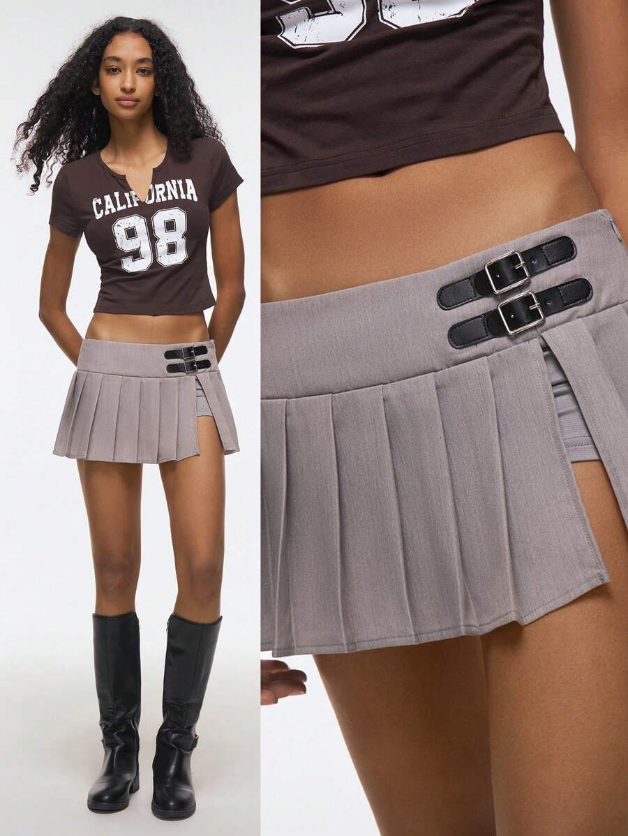 Easelle Women's Preppy Style Grey Skirt With Black Button Pleated Skirt - Grey - View 1