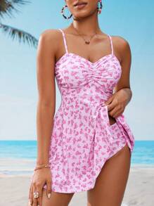 Swim Lushoire Women's Summer Vacation Ditsy Floral Ruched Tankini Set - Pink - View 5