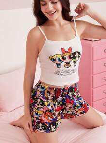 THE POWERPUFF GIRLS X SHEIN Conjunto de pijama con top de tirantes y pantalones cortos con estampado de flores, burbujas y ranúnculos para mujer