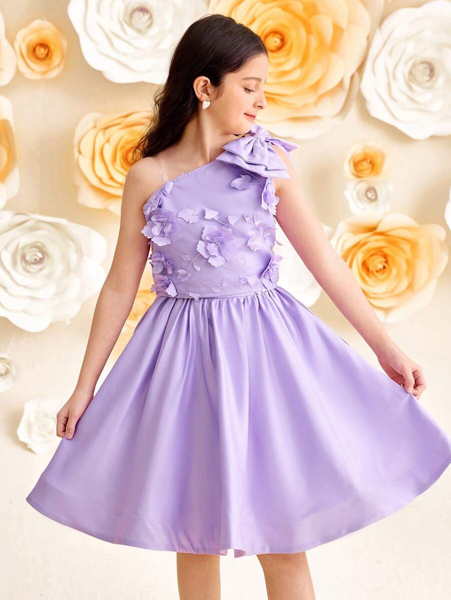 SHEIN Leap Crew Tween Girls 蝴蝶结点缀衬衫和裙子 2 件套 - 紫色 - 查看 1