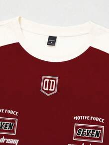 Claim Dot 男士字母印花撞色圆领休闲短袖T恤，夏季 - 酒紅色 - 查看 7