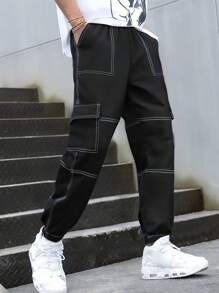 SHEIN Quần Cargo lưng thun co giãn thường ngày cho bé trai tuổi mới lớn có túi nắp - màu đen - Xem 1