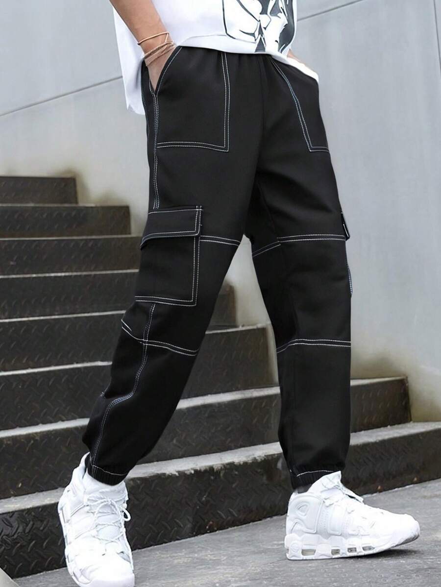 SHEIN Quần Cargo lưng thun co giãn thường ngày cho bé trai tuổi mới lớn có túi nắp - màu đen - Xem 1