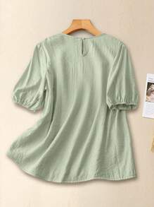 EMERY ROSE 休闲花卉刺绣灯笼袖衬衫，夏季 - 綠色 - 查看 2