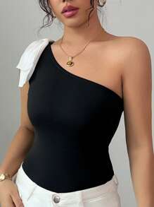 Chiquease Women's Vacation Bowknot One Shoulder Crop Top, Spring/Summer - Black and White - View 3