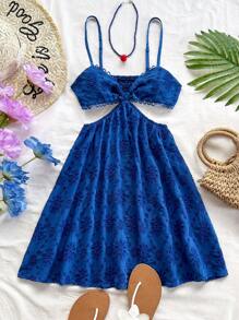 Soleia Navy Blue Woven Embroidered Cutout Strap Cinched Waist A-Line Mini Dress, Vacation Wear For Women